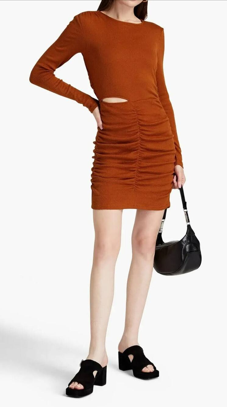 Walter Baker Bodycon Mini Dress Sz L Rust Ribbed Knit Ruched Cut-out Long Sleeve